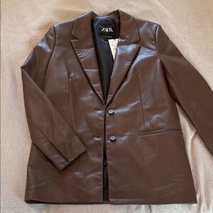 Zara NWT Chocolate Brown Faux Leather Blazer Size S 🧸 4432/711